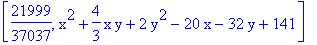 [21999/37037, x^2+4/3*x*y+2*y^2-20*x-32*y+141]
